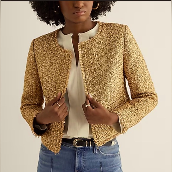 Brand New Express Gold Metallic Tweed Fringe Trim Jacket (Size: XS) - Picture 1 of 6